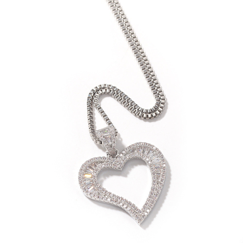 Square Zirconium Small Heart Pendant Simple Hip Hop Necklace