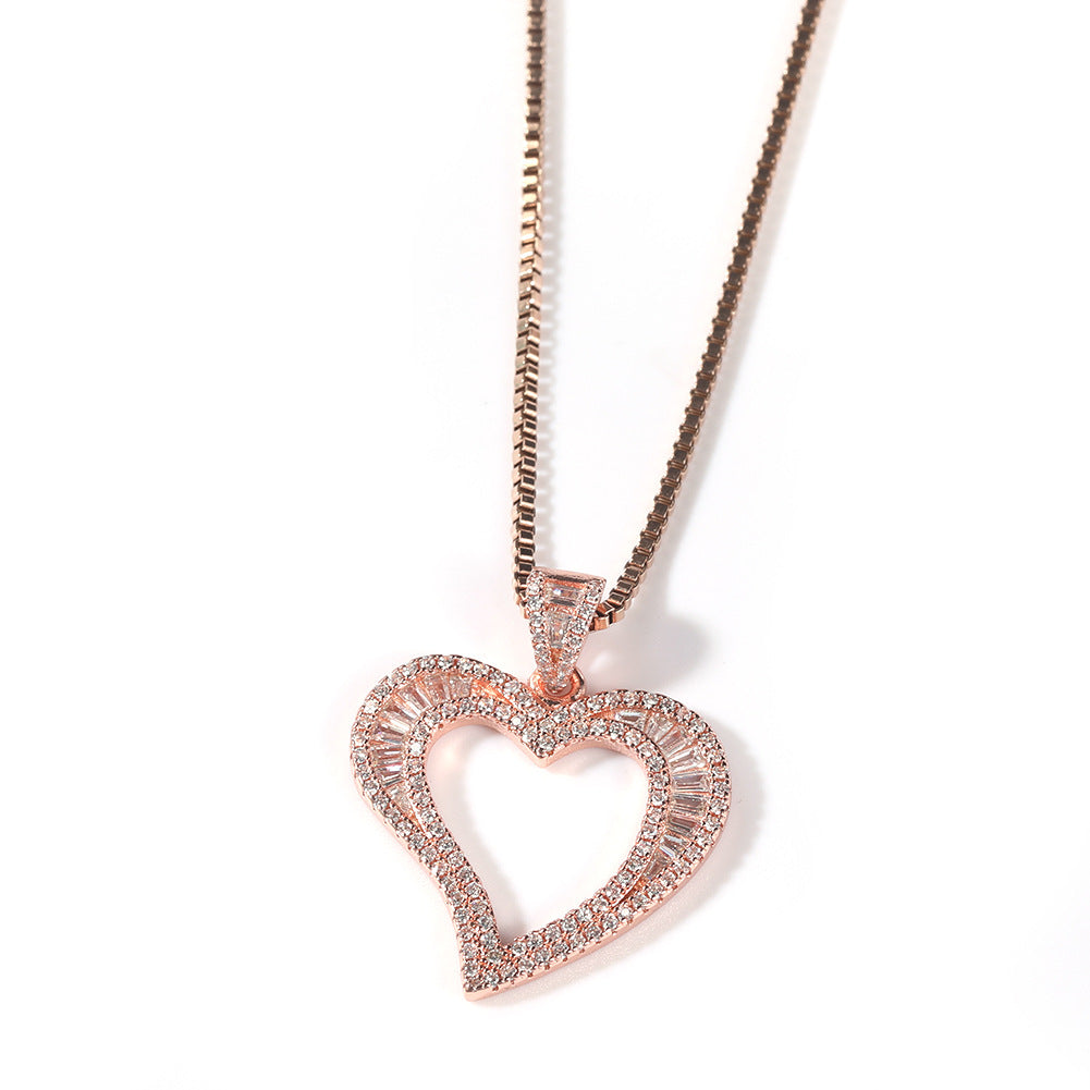 Square Zirconium Small Heart Pendant Simple Hip Hop Necklace